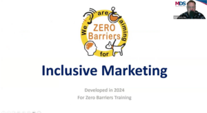 a title card with the title reading "Inclusive Marketing" printed on a white background with the Zero barriers Logo and a small window showing the speaker